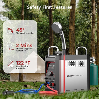 CAMPLUX Nano 3 Pro, Battery Powered Portable Water Heater, 1 lb On-Demand Propane Camping Shower, On Ground Camp Water Heater & Shower Pump, CSA Certified Safety