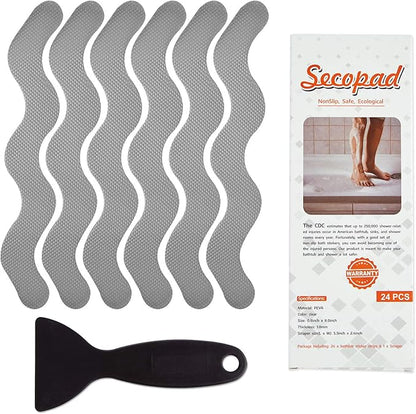 Anti Slip Shower Stickers, Adhesive Decals Safety Strips Scraper for Bath Tub, Shower, Stairs, 24 Pieces (Gray)