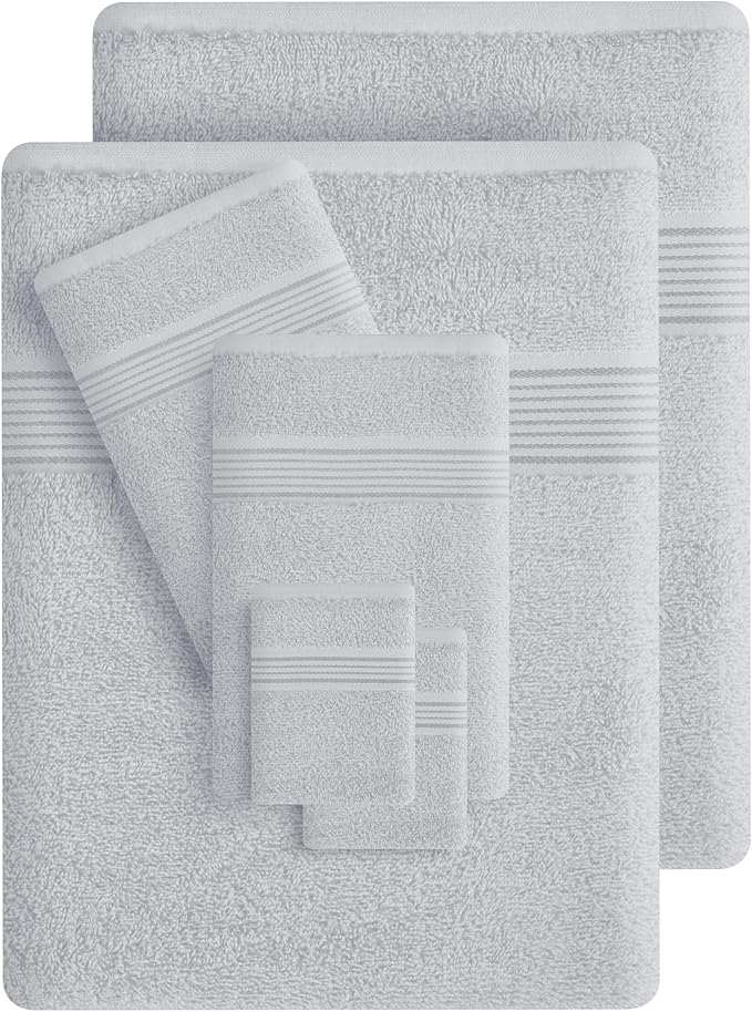 Belizzi Home 100% Cotton Towel Set, Contains 6 Soft Bath Towel, 6 Hand Towels, 12 Wash Cloths - Compact Absorbent Lightweight & Quickdry Towels for Bathroom - 24 Piece Bathroom Towel Set - Light Grey