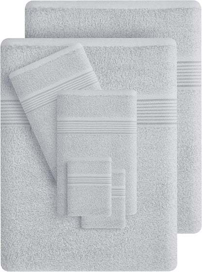 Belizzi Home 100% Cotton Towel Set, Contains 6 Soft Bath Towel, 6 Hand Towels, 12 Wash Cloths - Compact Absorbent Lightweight & Quickdry Towels for Bathroom - 24 Piece Bathroom Towel Set - Light Grey
