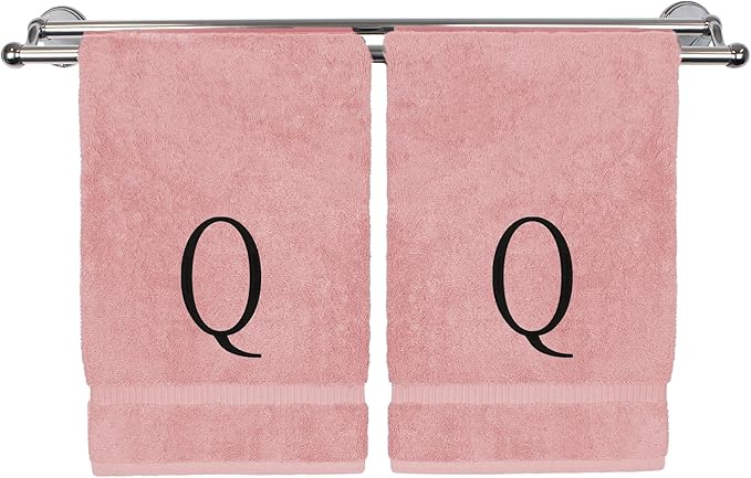 Monogrammed Hand Towel, Personalized Initial Gift, Extra Absorbent 100% Turkish Cotton - Soft Terry Finish - Set of 2 - Black Block Initial Q - Embroidered on Pink Towels