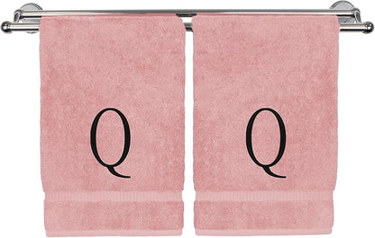 Monogrammed Hand Towel, Personalized Initial Gift, Extra Absorbent 100% Turkish Cotton - Soft Terry Finish - Set of 2 - Black Block Initial Q - Embroidered on Pink Towels