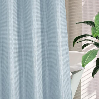 MitoVilla No Hooks Needed Blue Waffle Shower Curtain Liner Set, Modern Waffle Weave Heavy Duty Fabric Cloth Shower Curtain with Snap-in Liner for Luxury Neutral Hotel Spa Bathroom Decor