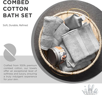 100% Cotton Bath Towel Set of 10-2 Bath Towels, 4 Hand Towels, 4 Wash Cloths, Sustainable, Soft, Highly Absorbent, Combed Cotton 10 Piece Set for Hotels, Spa, Bathroom, Dorm, Silver