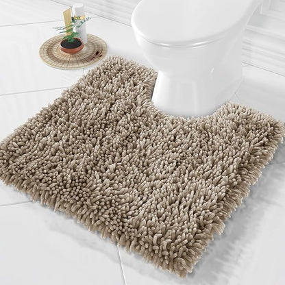 Yimobra Toilet Rugs U Shaped Washable, Extra Thick Soft Absorbent Chenille Contour Bathroom Rugs for Toilet 24x24 Inch, Quick Dry Non Slip Toilet Mat for Bath Floor, Camel