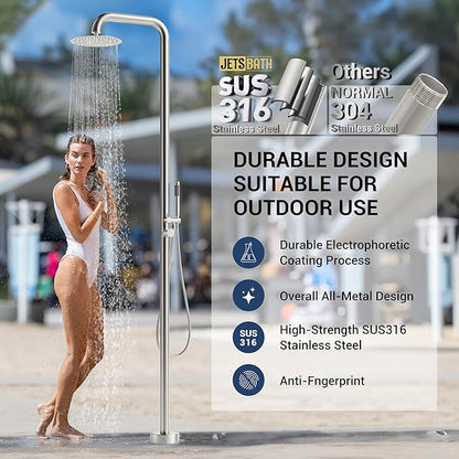 Freestanding Outdoor Shower Faucet Set, 316 Marine Grade Stainless Steel Outside Shower System for Backyard/Garden/Poolside/Beach,Outside Shower Faucet with Rain Shower Head & Handheld,Brushed Nickel