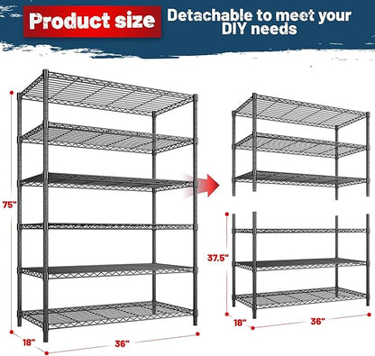 Storage Shelves Metal Shelving Unit 6Tier Wire Shelving Rack 1200LBS Heavy Duty, Adjustable Pantry Shelves, Metal Shelf for Kitchen,Garage Shelving,Closet Shelves,75" Hx 36" Wx 18" D