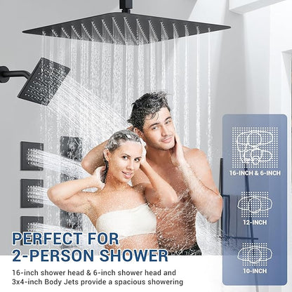 Matte Black Thermostatic Shower System with Body Jets, Ceiling 16” Rainfall Shower & Wall Mount 6-Inch Shower Head Luxury Shower Faucet Set with Handheld Spray, Dual Shower Heads Set