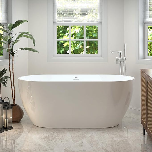 FerdY Nauru 59" Acrylic Freestanding Bathtub, Gracefully Shaped Freestanding Soaking Bathtub with Brushed Nickel Drain & Minimalist Linear Design Overflow, Glossy White, cUPC Certified