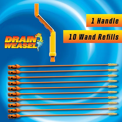 FlexiSnake Drain Weasel Sink Snake Hair Clog Remover Tool, Sink, Pipe, Bathroom, Bathtub Drain Cleaner, 18-inch Long, Flexible, Made in The USA, 10 Pack Wand Refills and Removable Handle