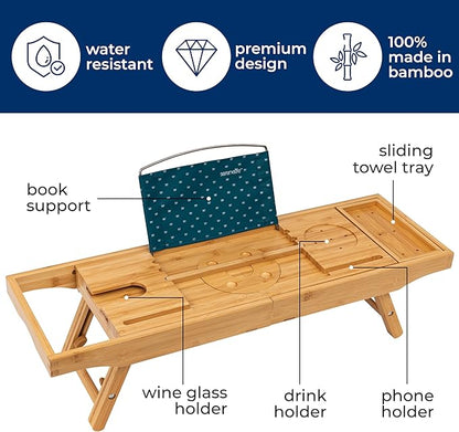 SereneLife 2 in 1 Bed and Bath Tray - Foldable Bamboo Bathtub Caddy with Adjustable Length, Non-Slip, Device Holder, Wine Glass Slot, Expandable for Comfortable Bathing (Folding, Soft Back, Gift Set)