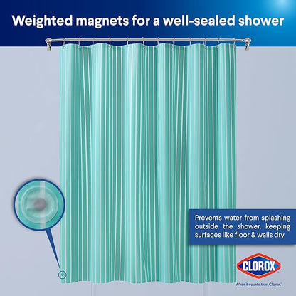 CLOROX Shower Curtain Liner, Premium Striped Medium-Weight Durable Waterproof 6g PEVA for Bathroom with Weighted Magnets, Printed Standard Size 72" x 72", Aqua