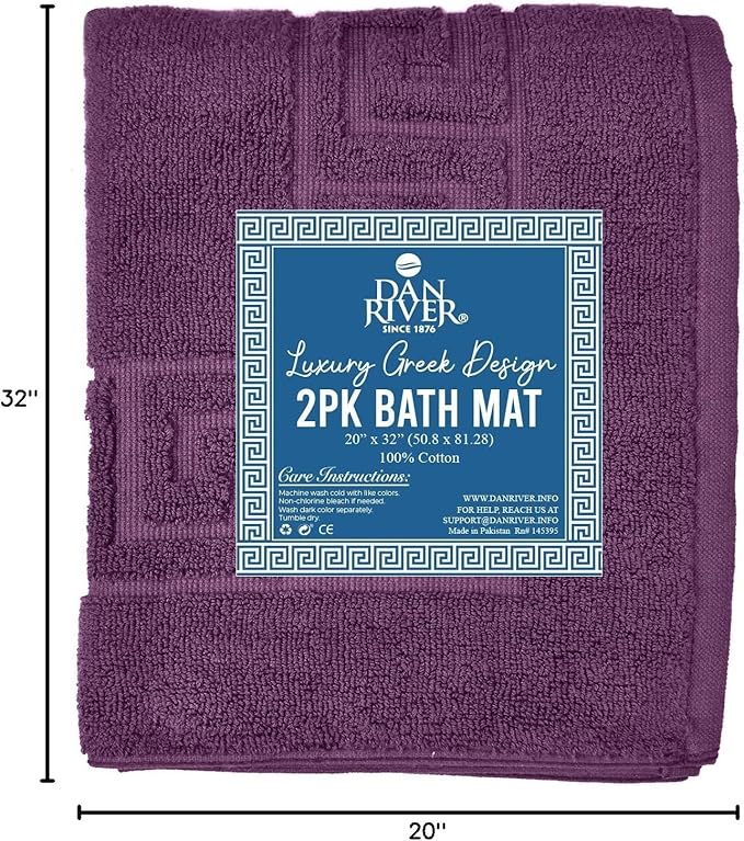 DAN RIVER Greek Cotton Bath Mats Set of 2 – Not a Bathroom Rug, Ultra Soft, Highly Absorbent & Machine Washable Bath Mat Towel for Bathroom Floor Mat – Durable, Quick-Dry, 21x34 Inches, Purple