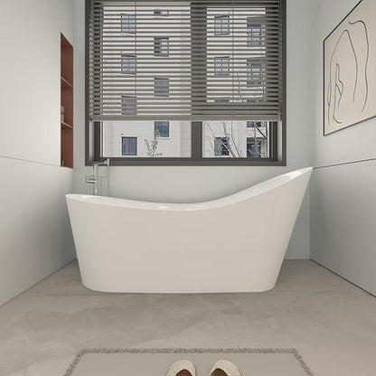 55" Freestanding Slipper Soaking Bathtub, WHALEKING Luxury Curve Edge Stand Alone Free Standing Deep Acrylic Tub with Chrome Overflow and Drain, Glossy White