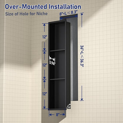 Stainless Steel Shower Niche 8"×36" Matte Black with 3-Tier Shelves No Tiled Needed Niche Shower for Bathroom Wall Recessed Bathroom Shower Shelf for Storage