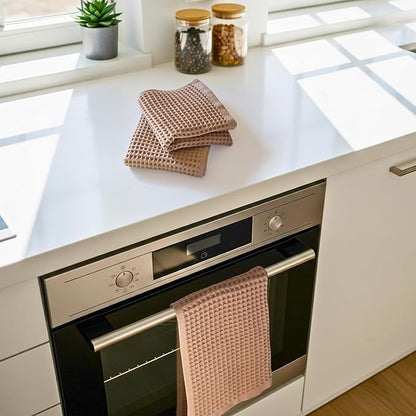 PÜSKÜL Waffle Kitchen & Hand Towel Organic 100% Turkish Cotton Set of 3 Beige - Premium Quality, Soft, Quick-Dry, Absorbent, Lint-Free Waffle Weave Towels 32X16 Inches (3, Beige)