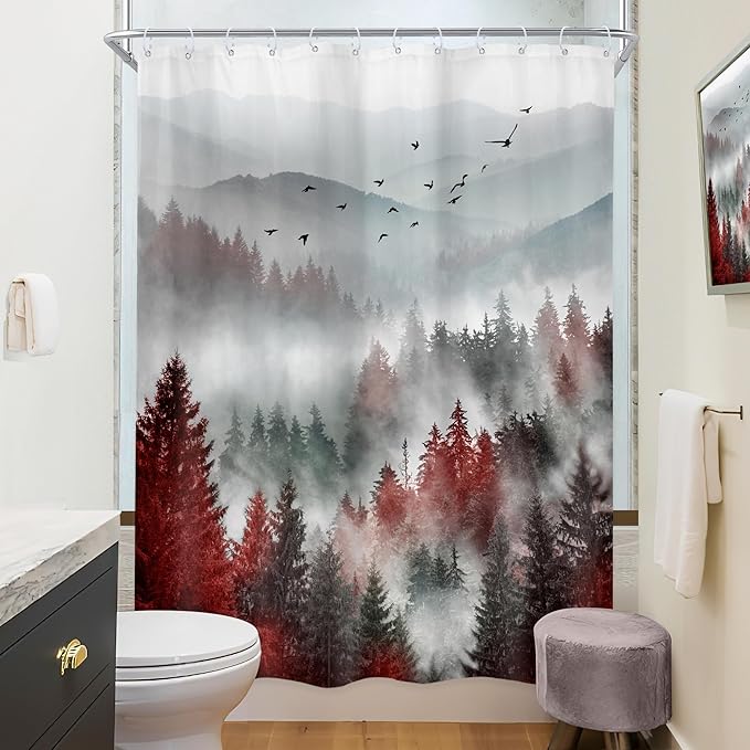 Riyidecor Red Black Mountain Shower Curtain 48Wx72H Inch,Stall Narrow Rv Small Nature Woods,Rustic Landscape Scenery Pine Tree Woodland Cool Bathroom Decor Fabric Polyester Waterproof 12 Pack Hooks