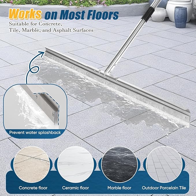CAROD 33.4" Large Floor Squeegee for Concrete, Industrial Silicone Blade Squeegee for Floor with 63" Stainless Handle, Anti-Splash Curved Baffle Design for Garage, Factory, and Tough Cleaning Jobs