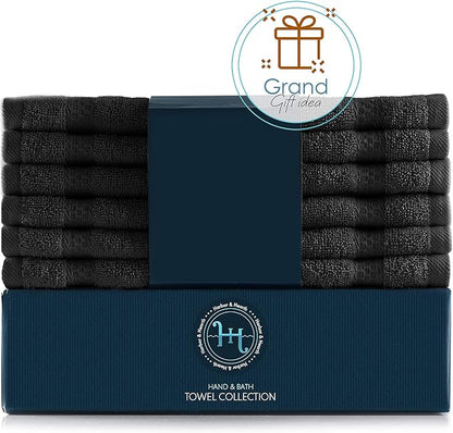 Hearth & Harbor Washcloths 12 Pack - 100% Cotton Washcloth for Body and face, High Absorbent and Soft 13"x13" Body Wash Cloth, Quick Dry - Black Washcloths