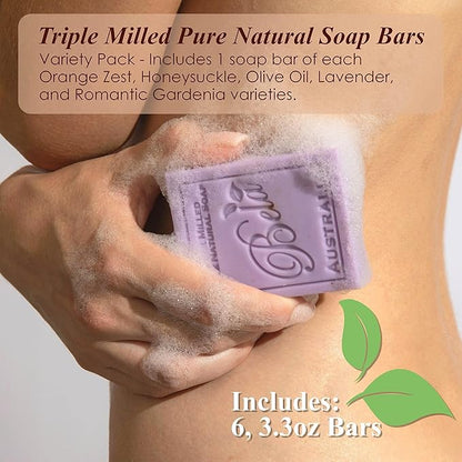 BELA Soap Variety Pack 3.3 OZ, Pack of 6, Long Lasting, French Triple Milled Bar Soap with Organic Shea Butter, Hand, Face and Body Wash Bar Made in Australia