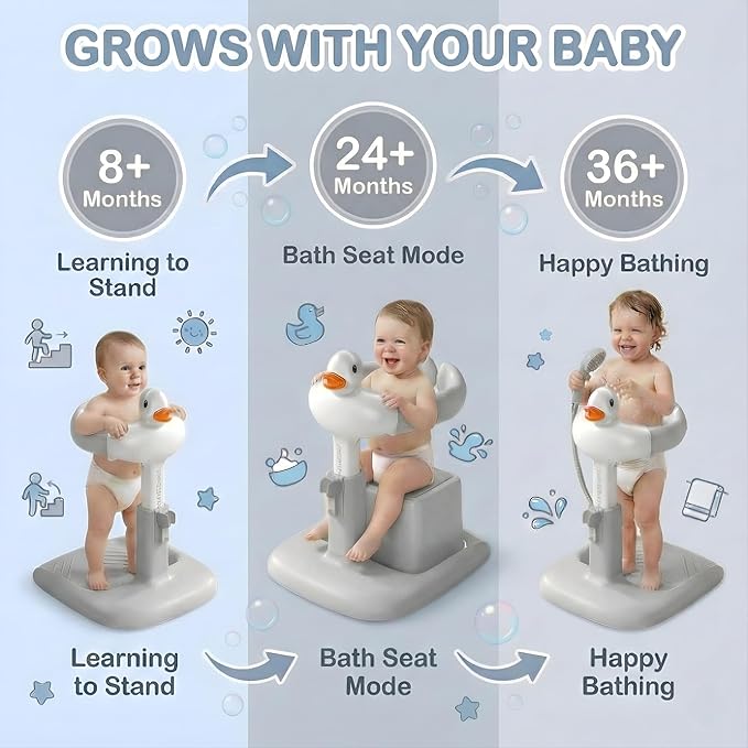 Baby Bath Stand with Built-in Seat - Duck Design - Anti-Slip Base - Baby Shower Stand for Sitting or Standing (Gray)