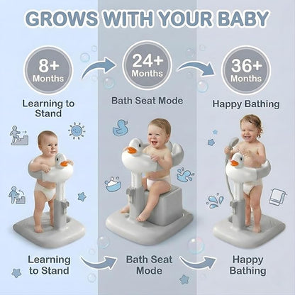 Baby Bath Stand with Built-in Seat - Duck Design - Anti-Slip Base - Baby Shower Stand for Sitting or Standing (Gray)