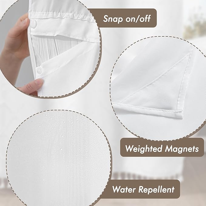 ROSERY No Hook Ruffle Shower Curtain with Snap in Fabric Liner Set, Ruched Vintage Farmhouse Shower Curtain for Bathroom with See Through Window, Ruffle Pattern, 71" W x 74" L