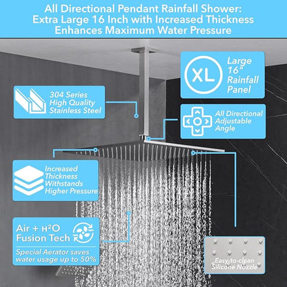 VANFOXLE Shower Faucet Set Brushed Nickel Shower System,Shower Faucet with 2 in 1 Handheld,Ceiling Mount 16 Inch Shower Head+6 Inch Shower Head(Rough-in Valve Body and Trim)
