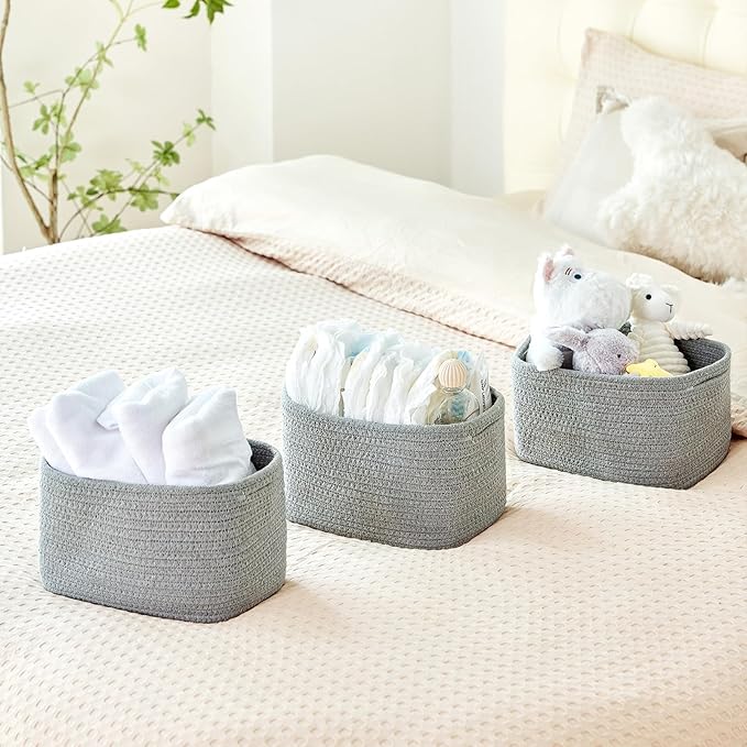Small Cotton Rope Basket – Storage Bin for Organizing (10.6" x 6.7" x 6.7"), Bathroom Storage Basket for Shelf, Counter & Closet（Grey）