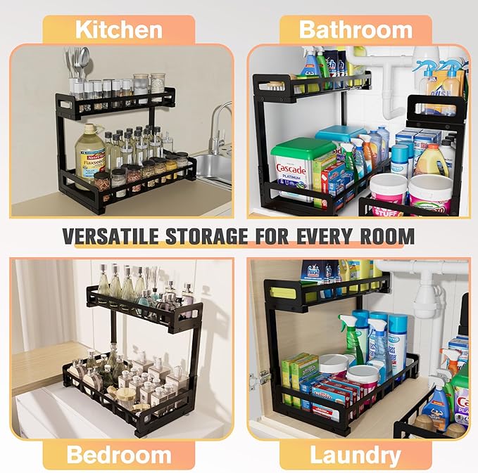 Under Sink Organizer, Metal Large Capacity 2-Tier Sliding Cabinet Storage Rack, Heavy-Duty Rust-Resistant Steel Frame, Holds 50 lbs, Adjustable Height 12–16", 14"D x 11"W for Kitchen & Bathroom, Black