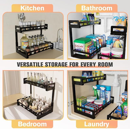 Under Sink Organizer, Metal Large Capacity 2-Tier Sliding Cabinet Storage Rack, Heavy-Duty Rust-Resistant Steel Frame, Holds 50 lbs, Adjustable Height 12–16", 14"D x 11"W for Kitchen & Bathroom, Black