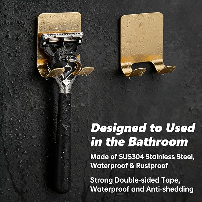 Self Adhesive Hooks Waterproof Razor Holder in Inside Shower 4 Pack, Metal Heavy Duty Utility Storage Hook.Towel. Loofah Holder for Wall.Hanger Hooks for Bathroom or Kitchen Organisation. Gold
