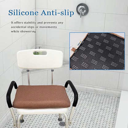 REEZEIVI Shower Seat Cushion with Non-Slip Silicone Bottom,Soft 4D Mesh Fabric,Bathtub Chair Pad for Elderly,Quick Drying and Washable Shower Mat, Design for Elderly, Senior, Handicap,Disabled,Brown
