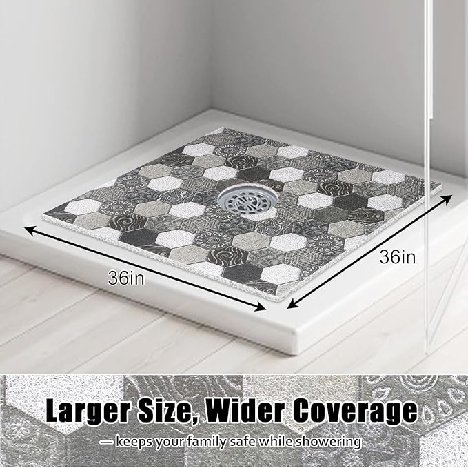 Large Shower Mat Non Slip, 36x36 Inch Shower Floor Mat with Drain Hole in Middle, Super Soft and Comfortable PVC Loofah Massage Bath Mat for Shower, Anti Slip Shower Stall Mat, Quick Drying