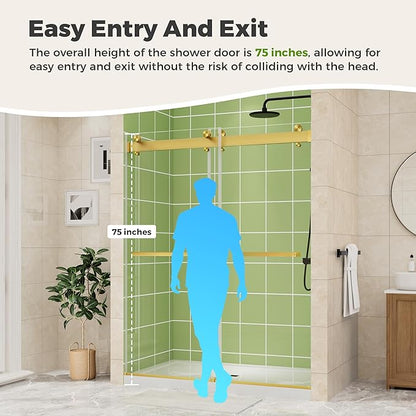 DELAVIN 56-60" W x 75" H Double Sliding Shower Door, Gold Frameless Shower Door, 1/4" (6mm) SGCC Tempered Glass, Noiseless Leak Proof Shower Doors with Square Rail, Stainless Steel, Aluminum