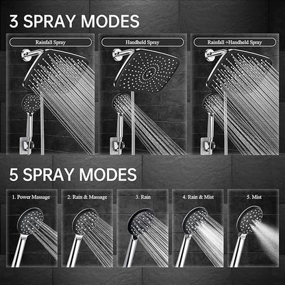 Veken 11.8 Inch Rain Shower Head with Handheld- High Pressure Dual Shower Heads with 5 Modes Handheld Spray Combo- Wide Rainfall Showerhead with Hose, Bathroom Accessories, Christmas Gift, Chrome