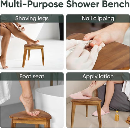 12.4“ Tall Small Teak Shower Stool for Shaving, Waterproof Corner Foot Rest with Storage Basket, Space-Saving Design for Compact Showers