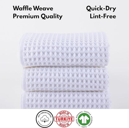 PÜSKÜL Organic Waffle Hand & Kitchen Towel 100% Turkish Cotton Set of 3 White - Premium Hotel Quality, Soft, Quick-Dry, Absorbent, Lint-Free Hand Towels 32X16 Inches (3, White)