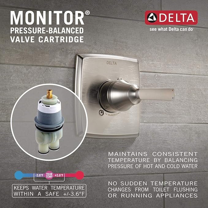 Delta Geist 14 Series Shower Faucet Set, Brushed Nickel Shower Head and Handle Set, Valve Trim Kit, SpotShield Brushed Nickel 142864-SP (Valve Included)