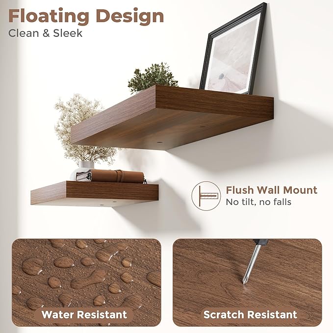 36 Inch Floating Shelves for Wall Set of 2, 12"D Wood Grain Bathroom Shelves with Invisible Brackets, Easy Install Engineered Wood Storage Shelves for Kitchen, Living Room, Bedroom, Walnut Finish
