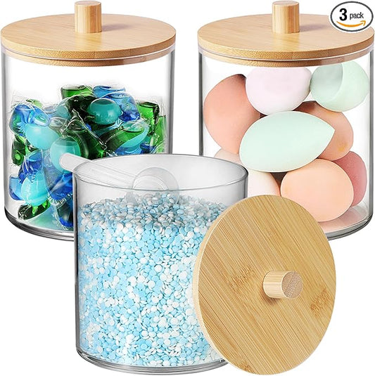 SheeChung 3 Pack 50 Oz Large Apothecary Jar with Bamboo Lid, Laundry Pods Container, Storage Jars for Bathroom Organization, Plastic Canisters with Cute Stickers Spoons(Natural)