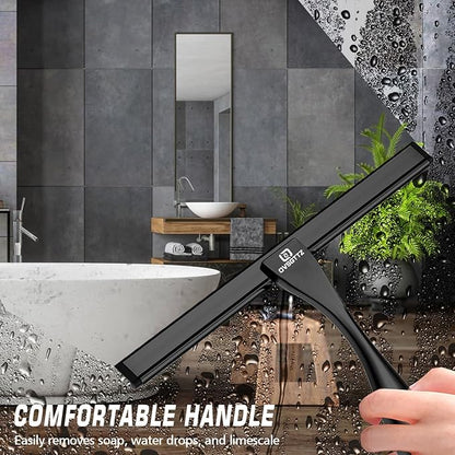 Shower Squeegee for Glass Door with 3 Adhesive Hook, Household Window & Stainless Steel Glass Cleaning Squeegee for Bathroom, Mirrors, Tiles and Car, 10 Inches, Clear, Black