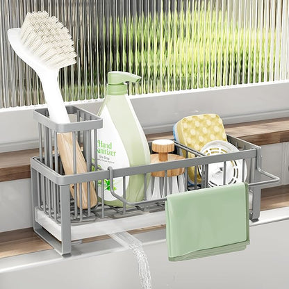 SWTYMIKI Sponge Holder for Kitchen Sink - Sink Caddy with Brush Holder Self-draining Sponge Caddy Organizer with Divider Stainless Steel Kitchen Accessories Storage for Countertop, Gray