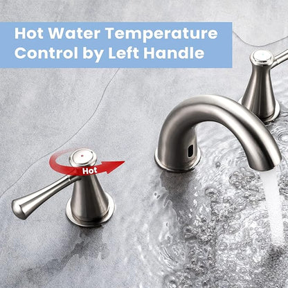 Touchless Bathroom Faucet for 3 Holes with 3 Handles, Controlling Temperature & Adjustable Water Flow, Short & Long Induction Modes, Auto Motion Sensor Brushed Nickel Bathroom Faucet Set 29180
