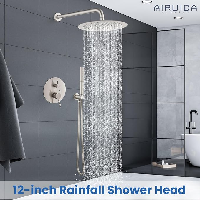 Airuida Shower Fixtures 2 Functions Shower Faucet Set Wall Mounted for Bathroom High Pressure Brass Handheld Shower with Rough-in Valve Round Rainfall 12 Inch Shower Head Brushed Nickel