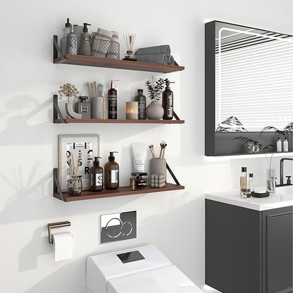 Heimlove Floating Shelves for Wall, 24 Inch Long Wood Floating Shelves Set of 3, Wall Mounted Hanging Shelf for Bathroom Bedroom Kitchen, Walnut