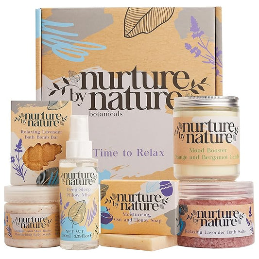 NURTURE BY NATURE Relax & Calm Christmas Gift Basket – Spa Gifts for Women with Bath Bomb, Hand Cream, Lavender Pillow Mist & Scented Candle - Stocking Stuffers, Holiday Gifts, Gifts for Mom