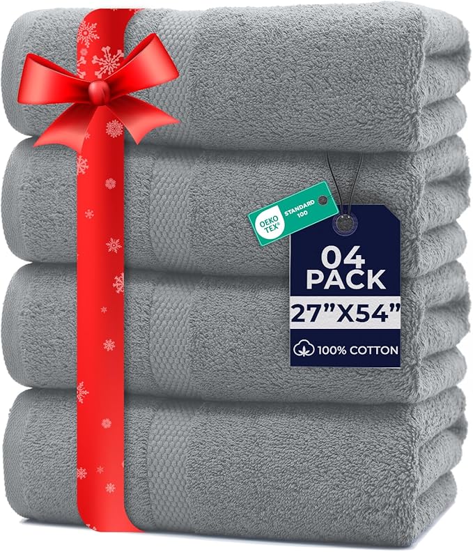 DAN RIVER Bath Towels Set of 4, 27 x 54 Inches, 100% Cotton, Larger & Lighter Weight, Quicker to Dry, Super Soft and Absorbent, Ideal Thick Towels for Daily Use, Silver