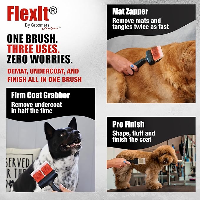 FlexIt Flexible Slicker Brush for Dogs - Professional 3-in-1 System & Video Trainings - Dual-Sided Dematting, Undercoating & Finishing Dog Grooming Brush by Groomers Helper (Double, Firm Flex)