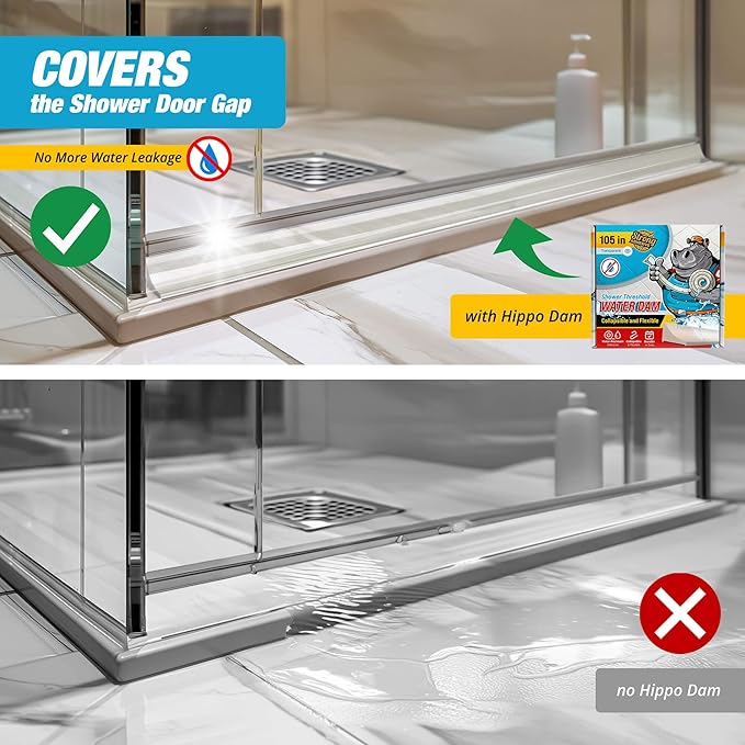Shower Threshold Water Dam Barrier 105" - Transparent Collapsible Shower Water Blocker - Guard for Walk in Shower - Water Guard Stopper for Floor - Shower Door Water Blocker by Hippo Dam